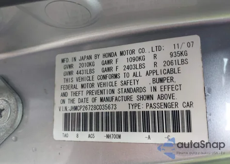 2008 Honda Accord 2.4 Ex z USA, uszkodzony, nr VIN JHMCP26728C035673